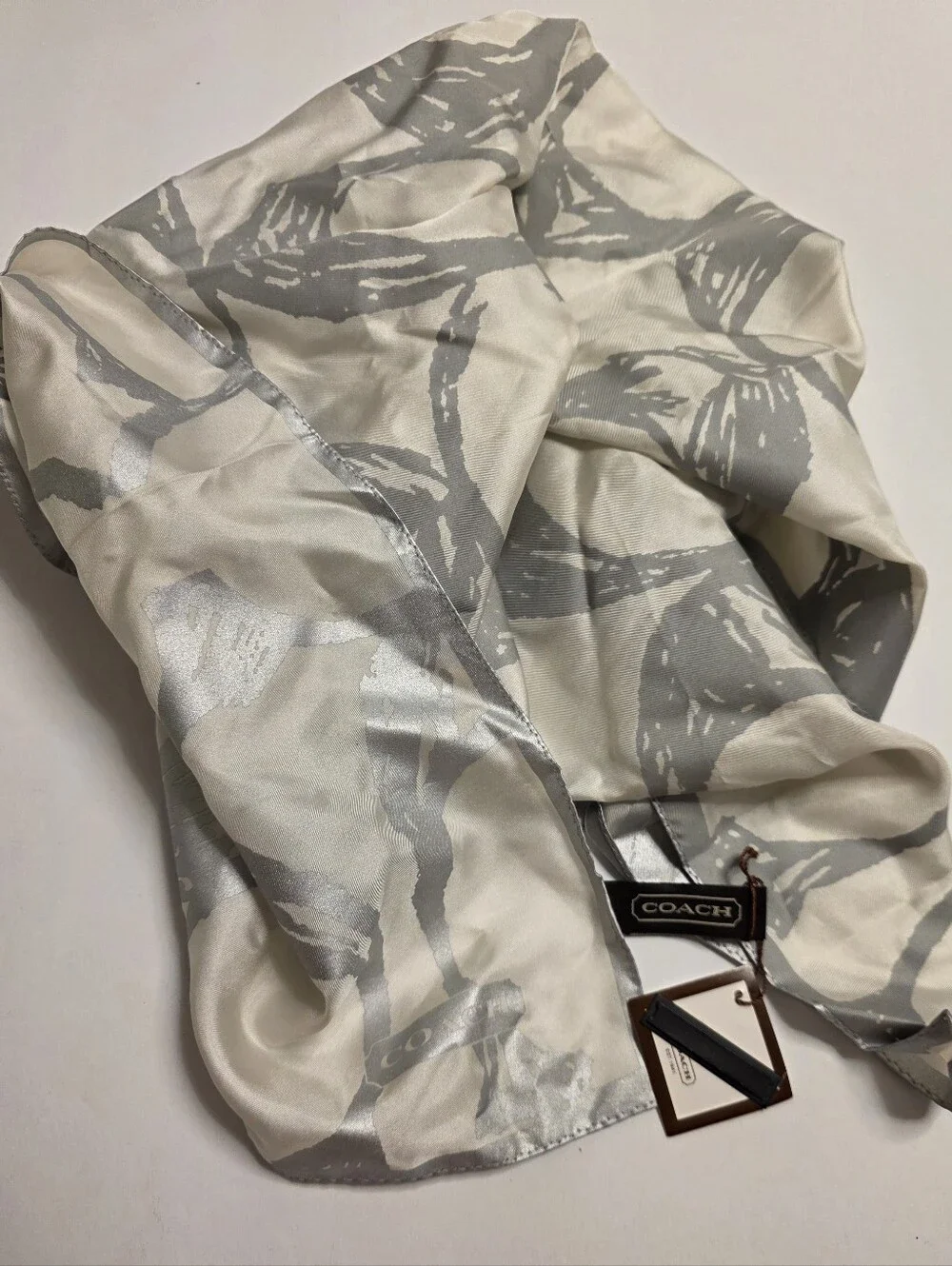 Coach 100% Silk Metallic Silver Signature C Square Scarf ~28